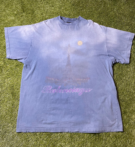 Balenciaga Eiffel Tower Oversized Blue Faded T Shirt