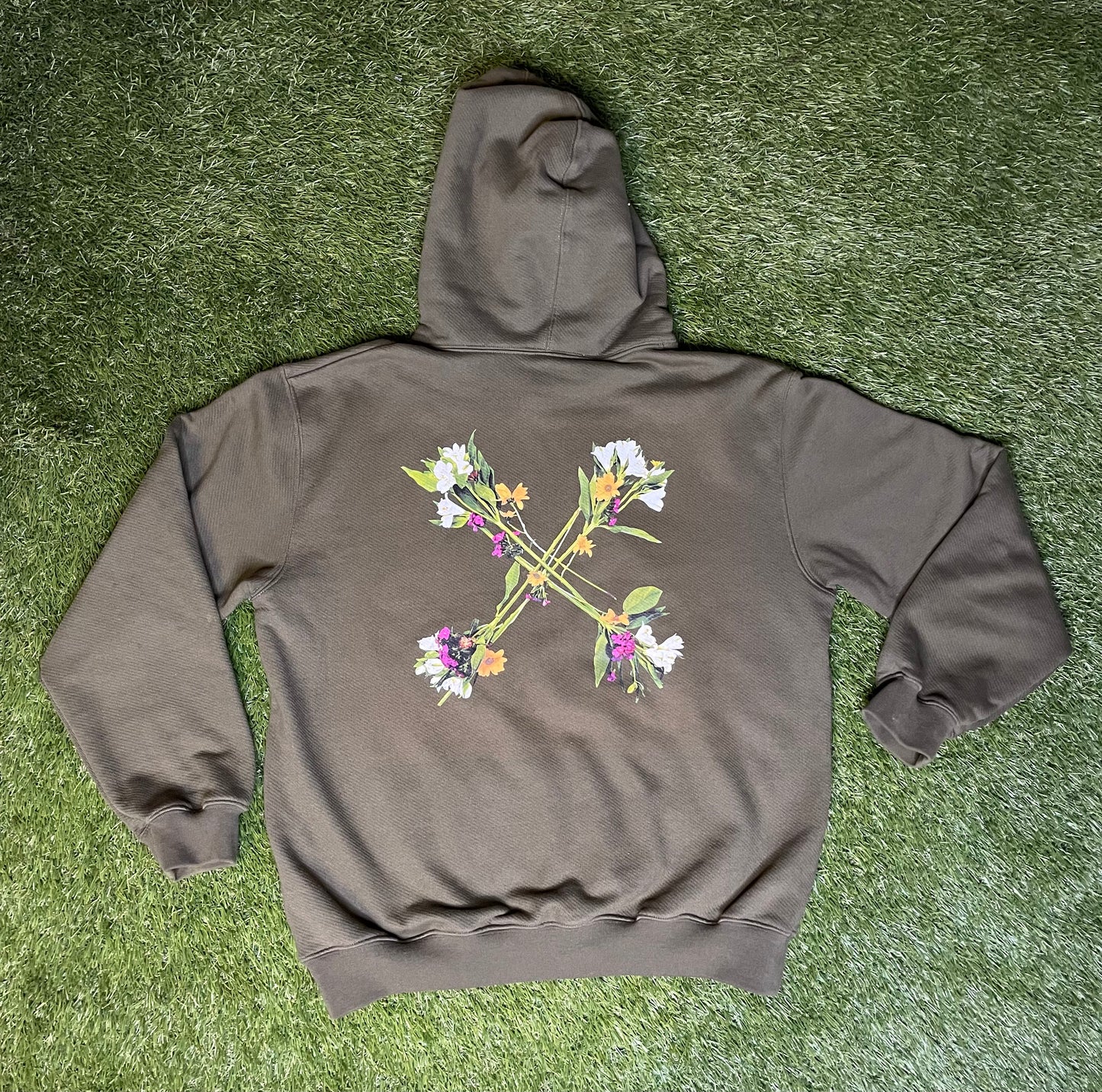 Off White Floral Arrow Pull Over Hoodie Olive