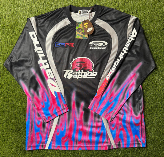BAPE Flame Pattern Multilogo Relaxed Fit Football Jersey Black