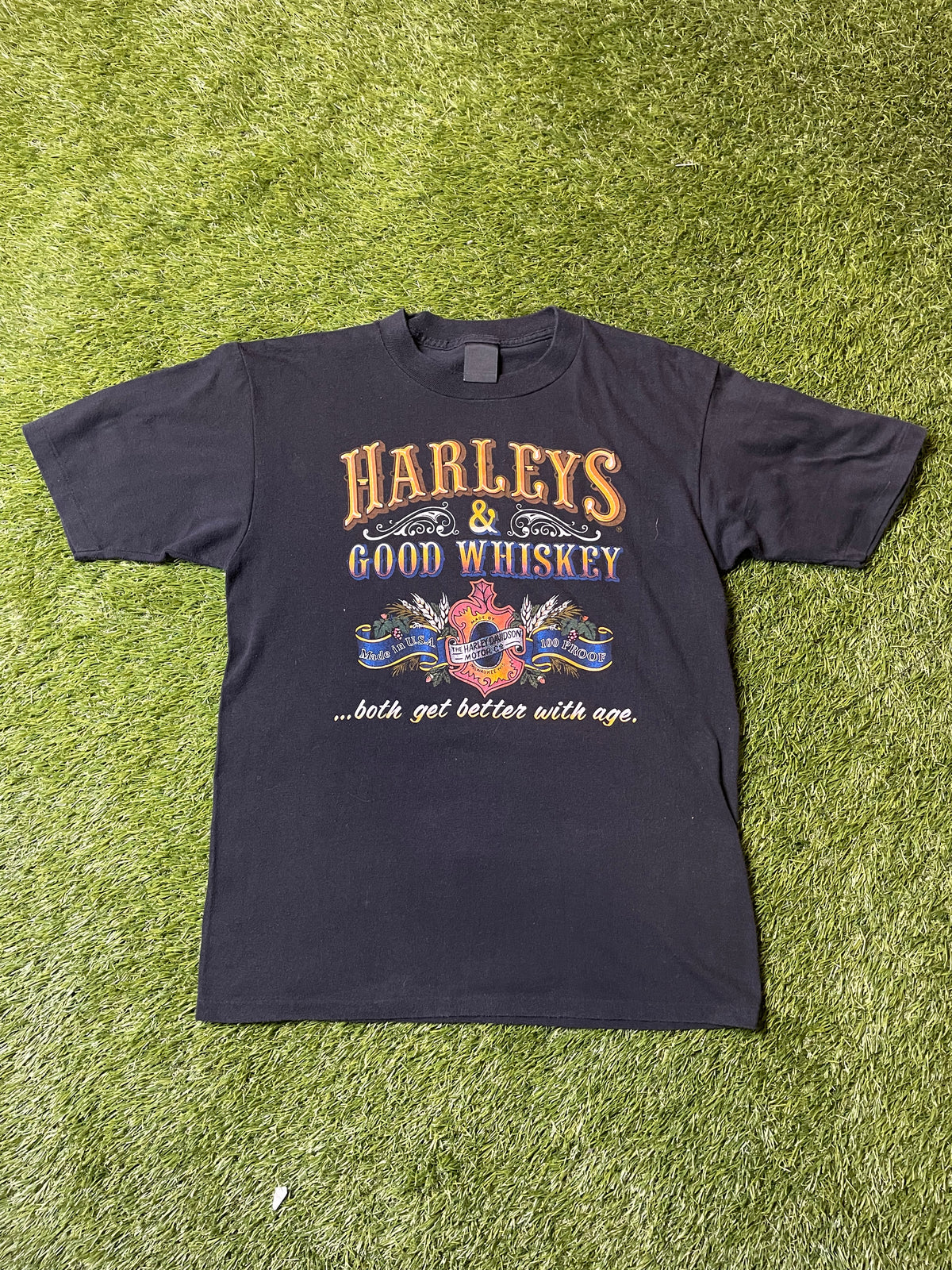 Vintage 3D Emblem Harley Davidson Harleys & Good Whiskey T Shirt