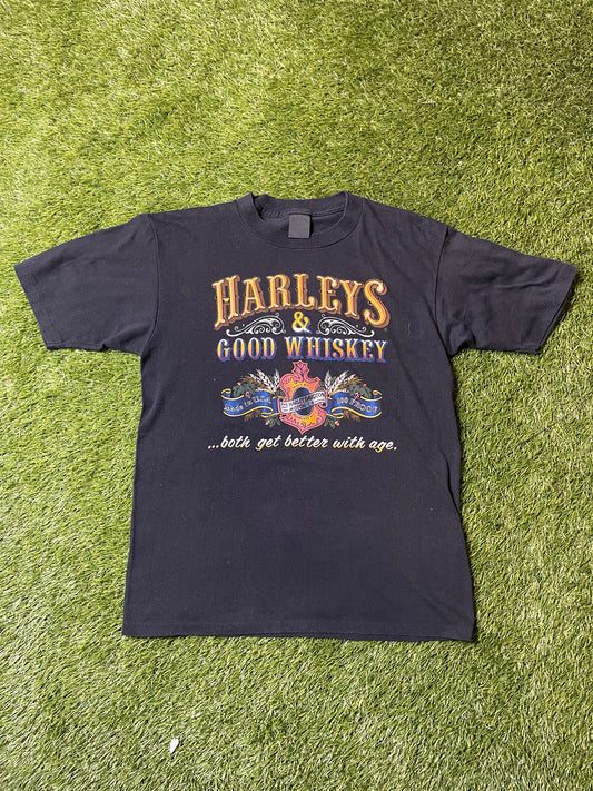 Vintage 3D Emblem Harley Davidson Harleys & Good Whiskey T Shirt